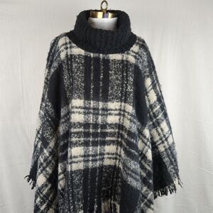 Steve Madden Buffalo Plaid Black White Cowl Neck Poncho Sweater Women's OSFA